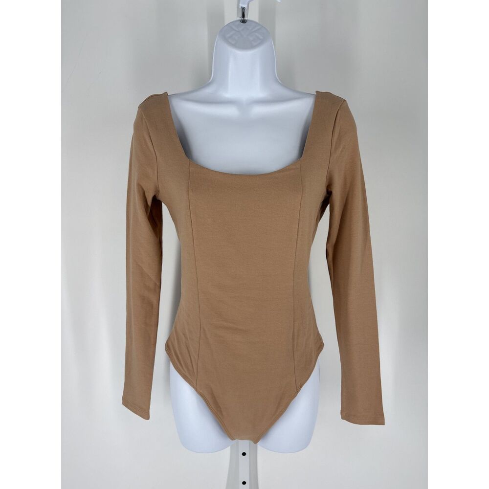 Abercrombie & Fitch Long-Sleeve Squareneck Bodysuit in a camel/tan shade